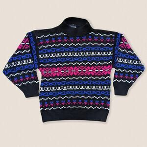 Vintage‎ 80s floral fair isle funky ski grandma Sweater mockneck Medium Women